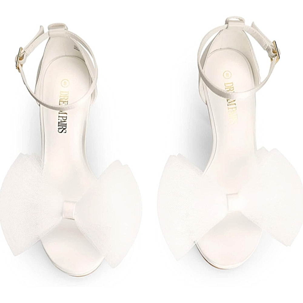 Like New Dream Pairs White Satin Stiletto Dress Sandals with Detachable Bow - Picture 13 of 15